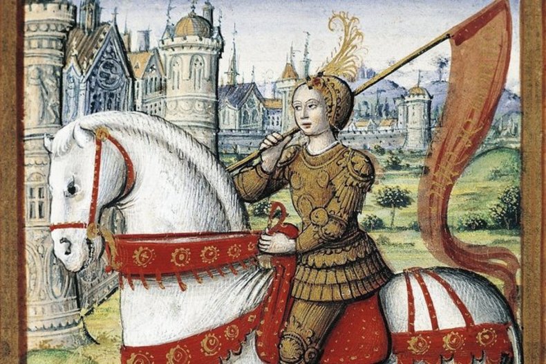 Jeanne d'Arc à cheval. Enluminure du manuscrit d'Antoine Dufour, Les vies des femmes célèbres, Nantes, musée Dobrée, 1504. ©CC0/wikimedia